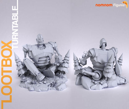 Gentle Metal Giant resin garage kit figure by Tattles Told 3D, displayed on a turntable, featuring detailed anime fan art design.