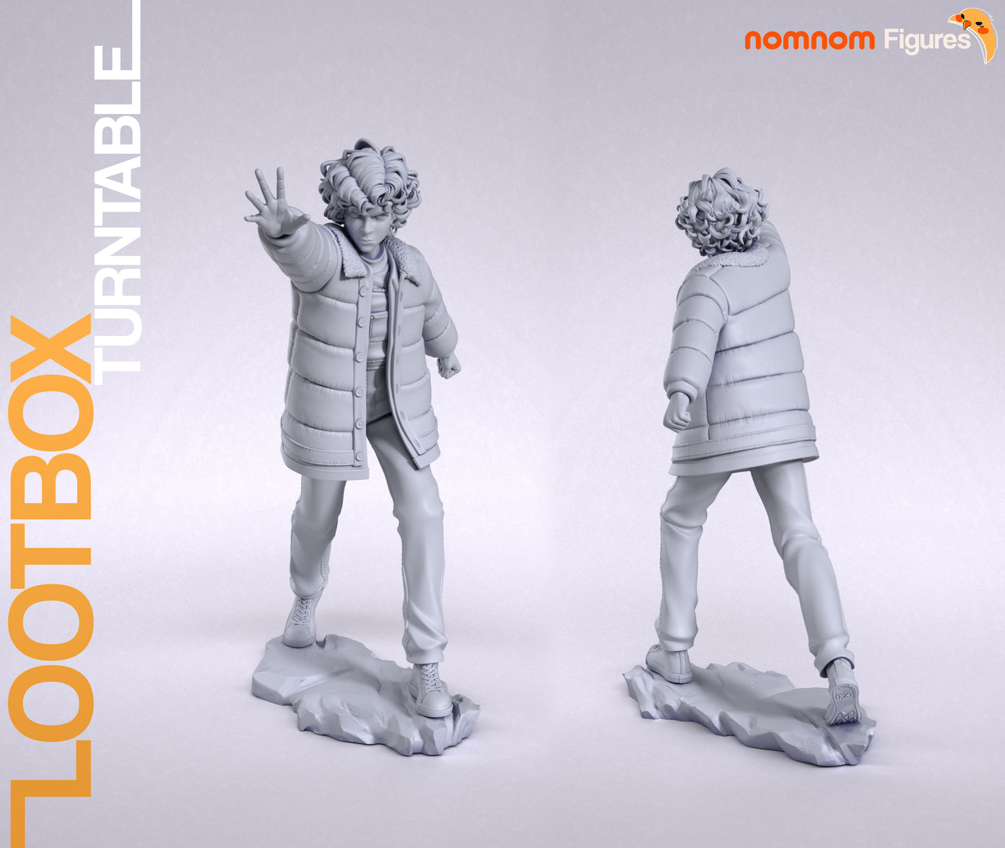 Resin garage kit figure of Strange Power from Nomnom Figures by Tattles Told 3D, displayed on a turntable with detailed anime fan art.
