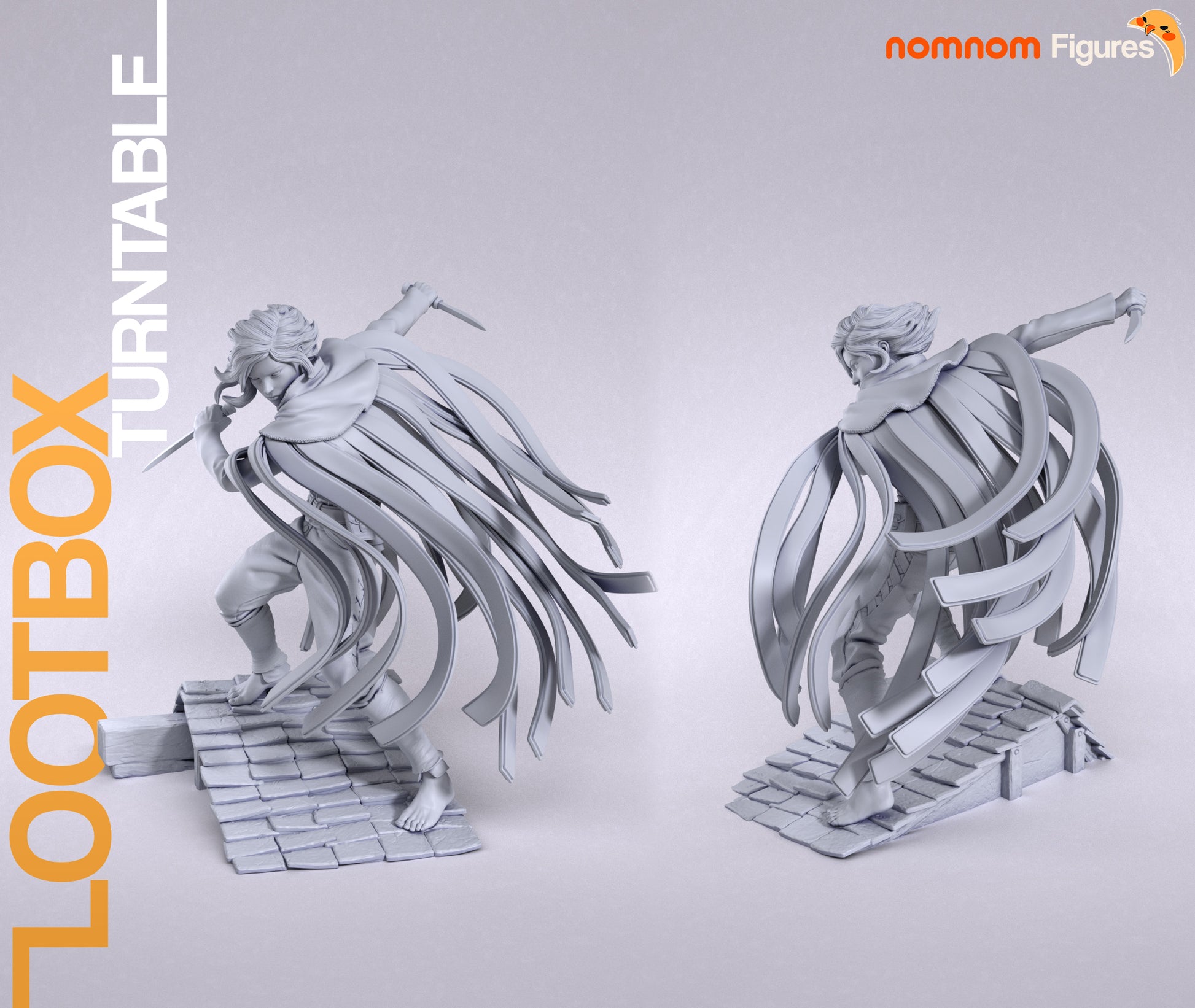 Resin garage kit figure of Mist Cloaked Rogue from Tattles Told 3D, displayed on turntable, featuring detailed anime fan art design.