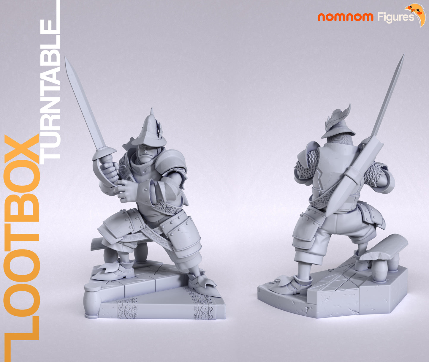 Resin garage kit figure of Dedicated Knight by Tattles Told 3D, displayed on a turntable, anime fan art collectible.