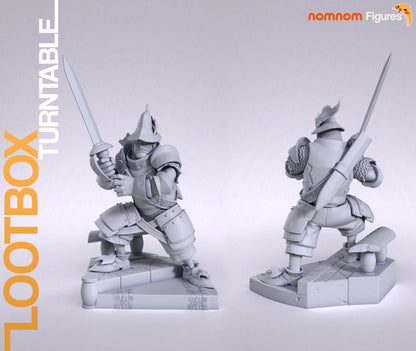 Resin garage kit figure of Dedicated Knight by Tattles Told 3D, displayed on a turntable, anime fan art collectible.