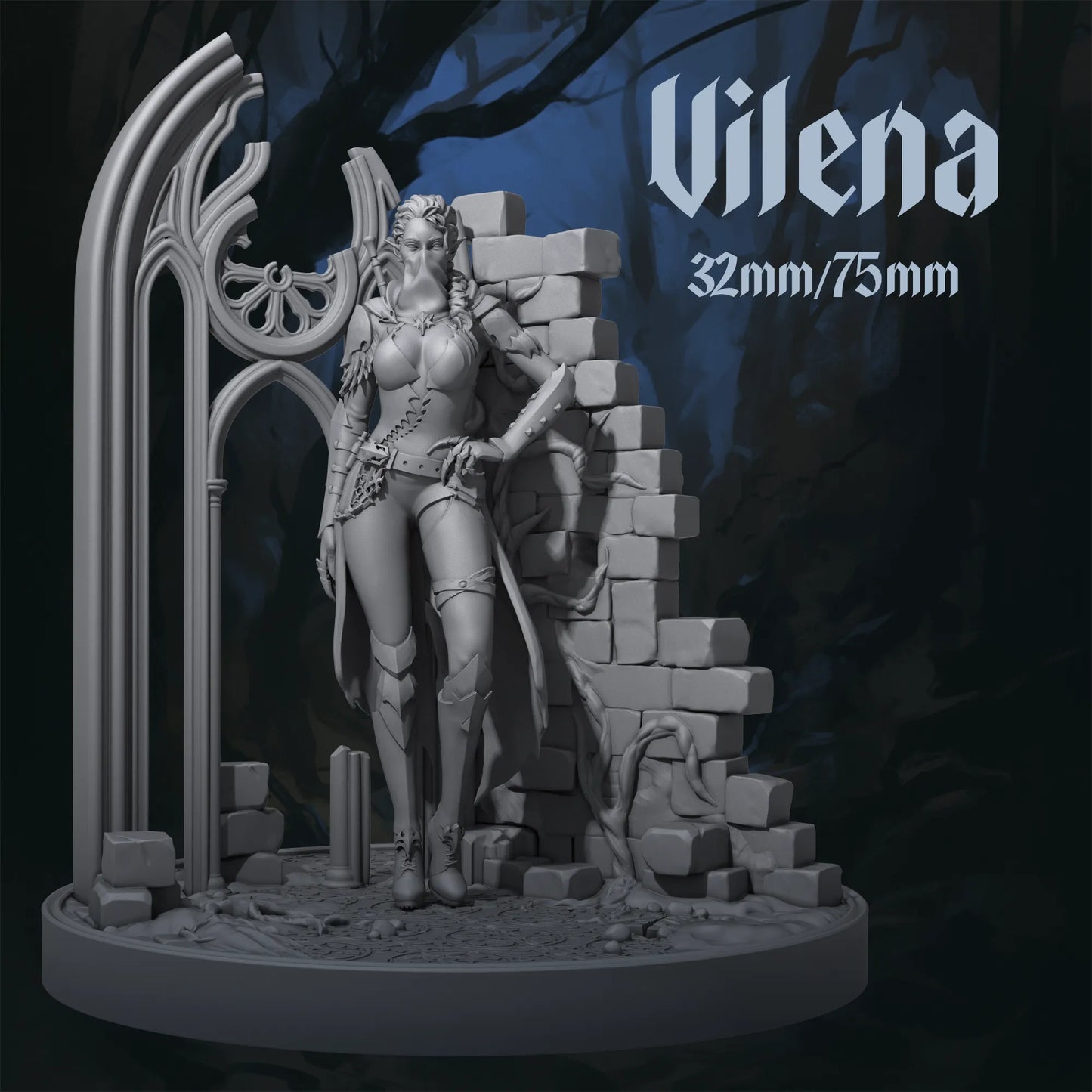 Vilena tabletop miniature by Tattles Told 3D, designed for D&D TTRPG, featuring a fantasy character in detailed armor and pose.