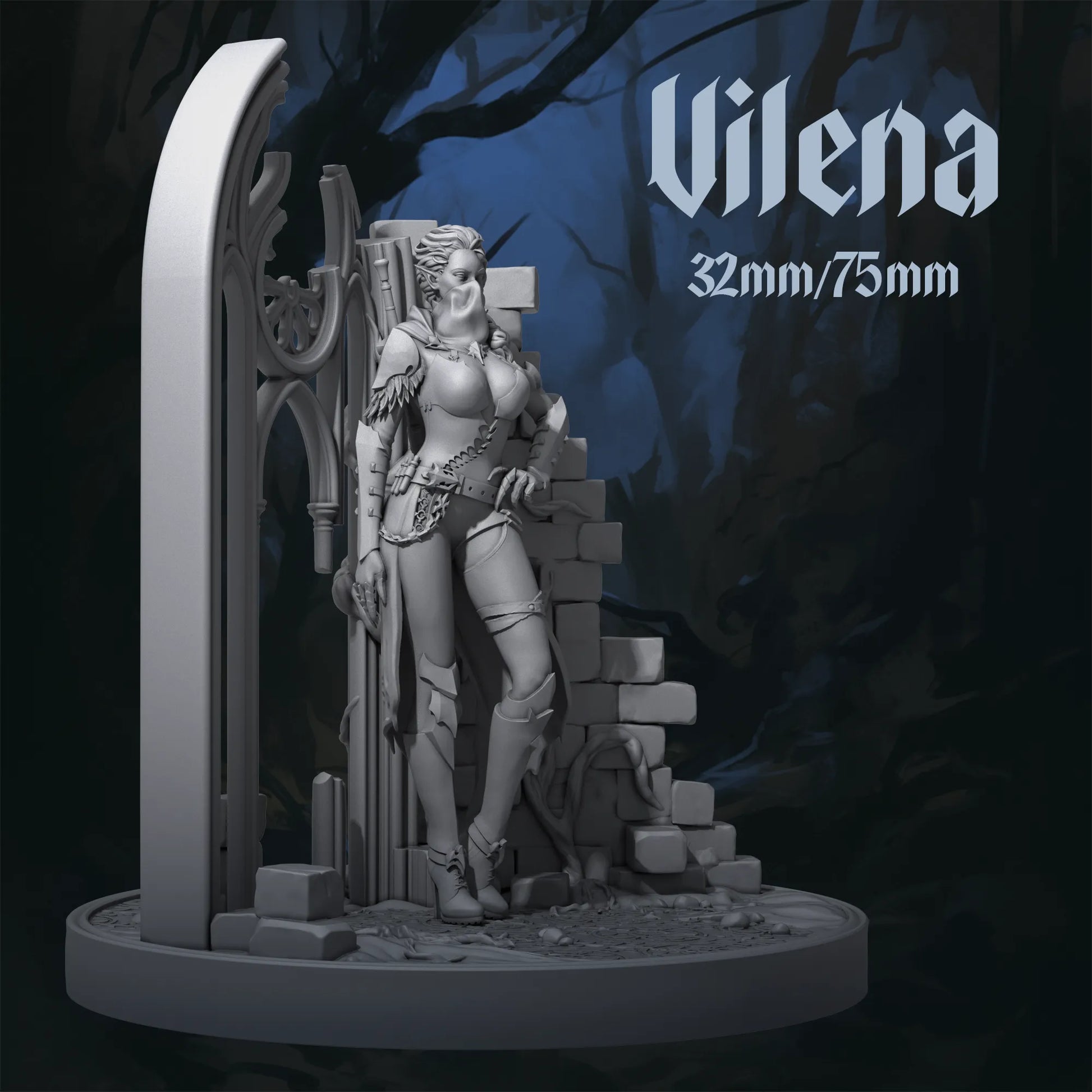 Vilena tabletop display scale miniature by Tattles Told 3D, featuring a fantasy character with detailed armor and weapon.
