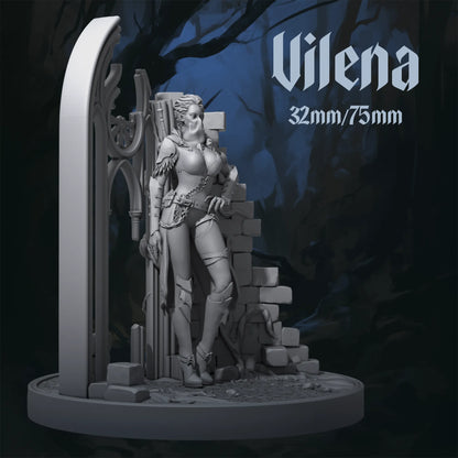 Vilena tabletop display scale miniature by Tattles Told 3D, featuring a fantasy character with detailed armor and weapon.