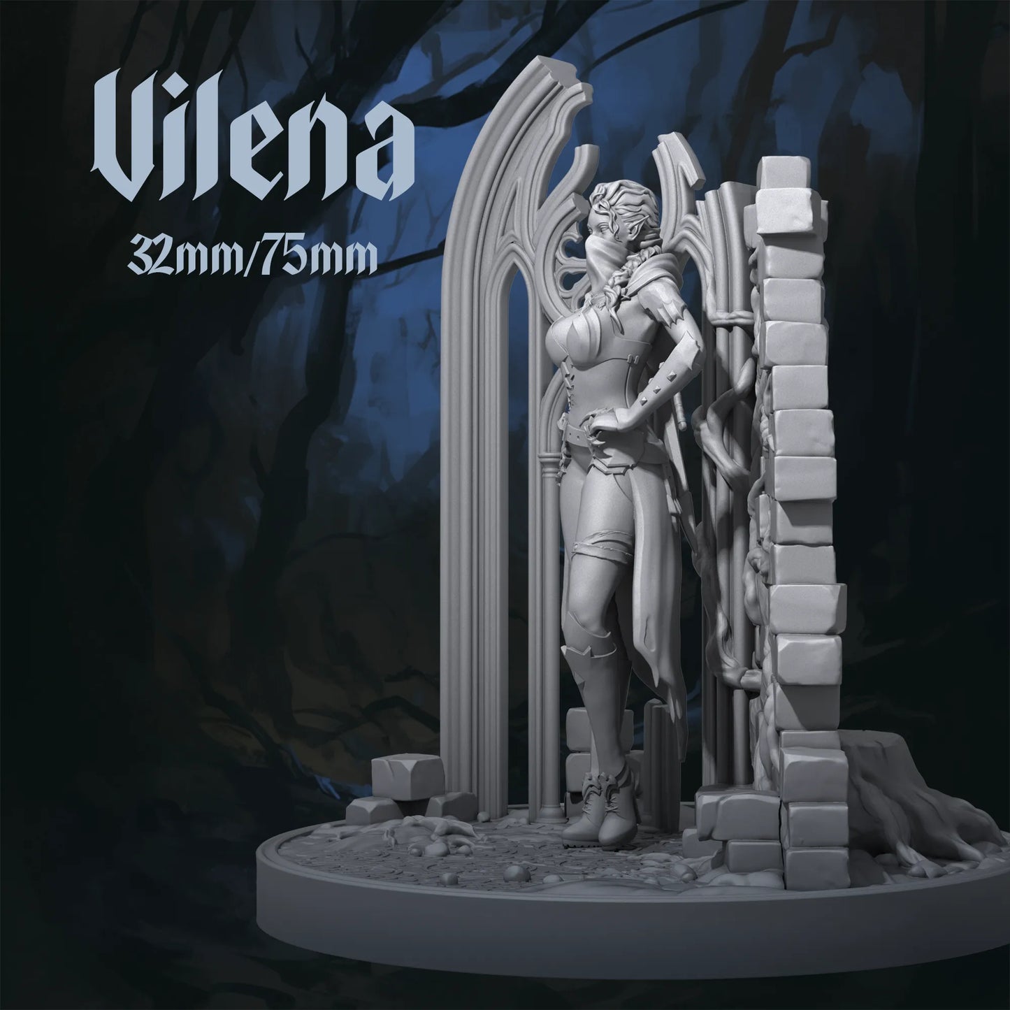Vilena tabletop miniature by Tattles Told 3D, a fantasy D&D character for display or gaming, featuring detailed armor and pose.