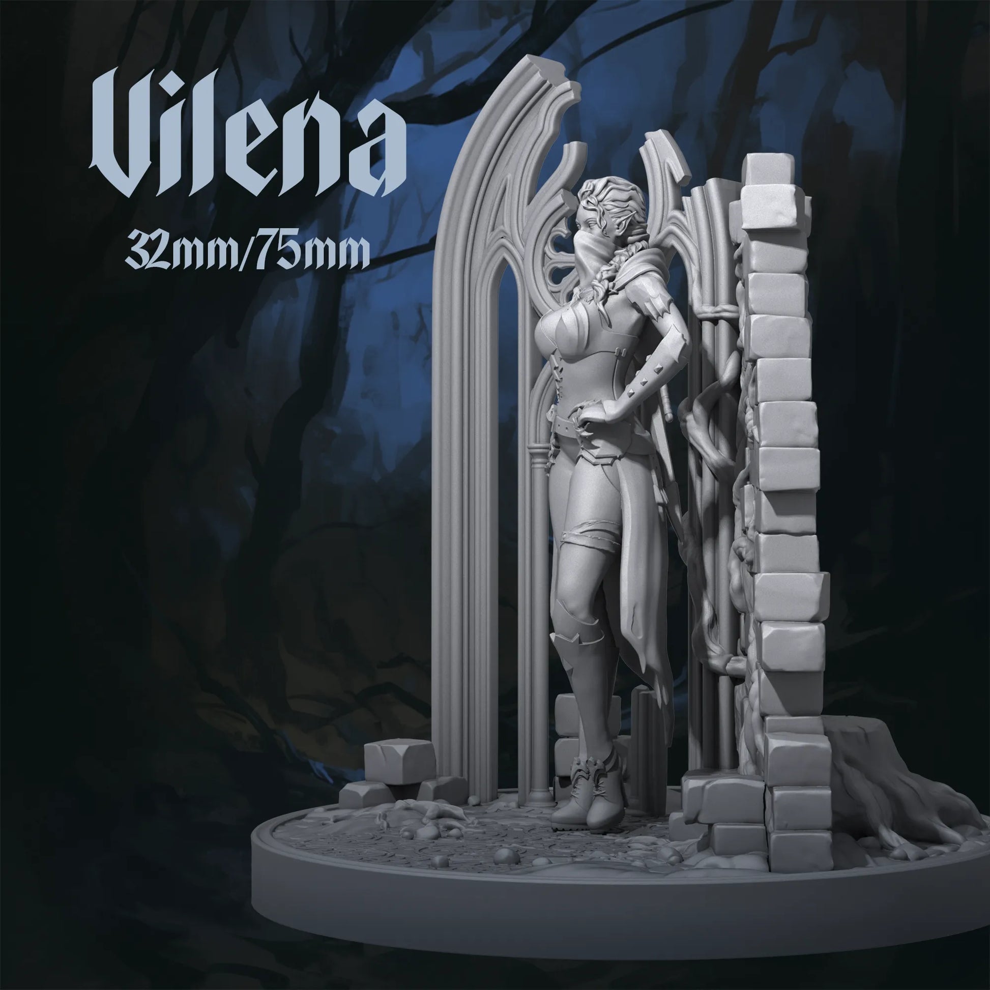 Vilena tabletop miniature by Tattles Told 3D, a fantasy D&D character for display or gaming, featuring detailed armor and pose.