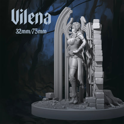 Vilena tabletop miniature by Tattles Told 3D, a fantasy D&D character for display or gaming, featuring detailed armor and pose.
