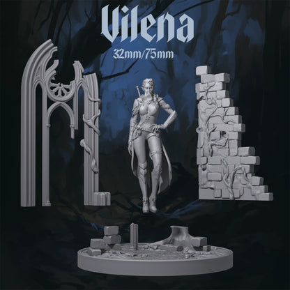 Vilena tabletop miniature from Dungeons and Maidens, designed for D&D TTRPG fantasy gameplay, by Tattles Told 3D.