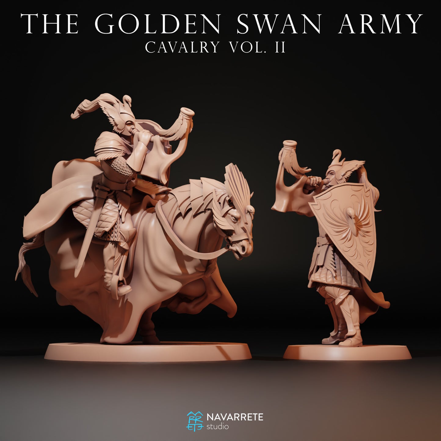 Golden Swan Army soldier miniature with war horn, detailed tabletop gaming figure from Navarrete Studio by Tattles Told 3D.