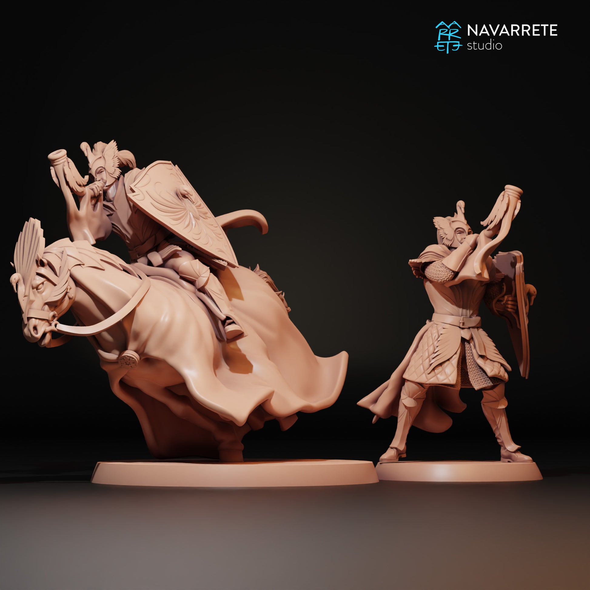 Golden Swan Army Soldier miniature with war horn, detailed tabletop gaming figure by Tattles Told 3D, from Navarrete Studio.