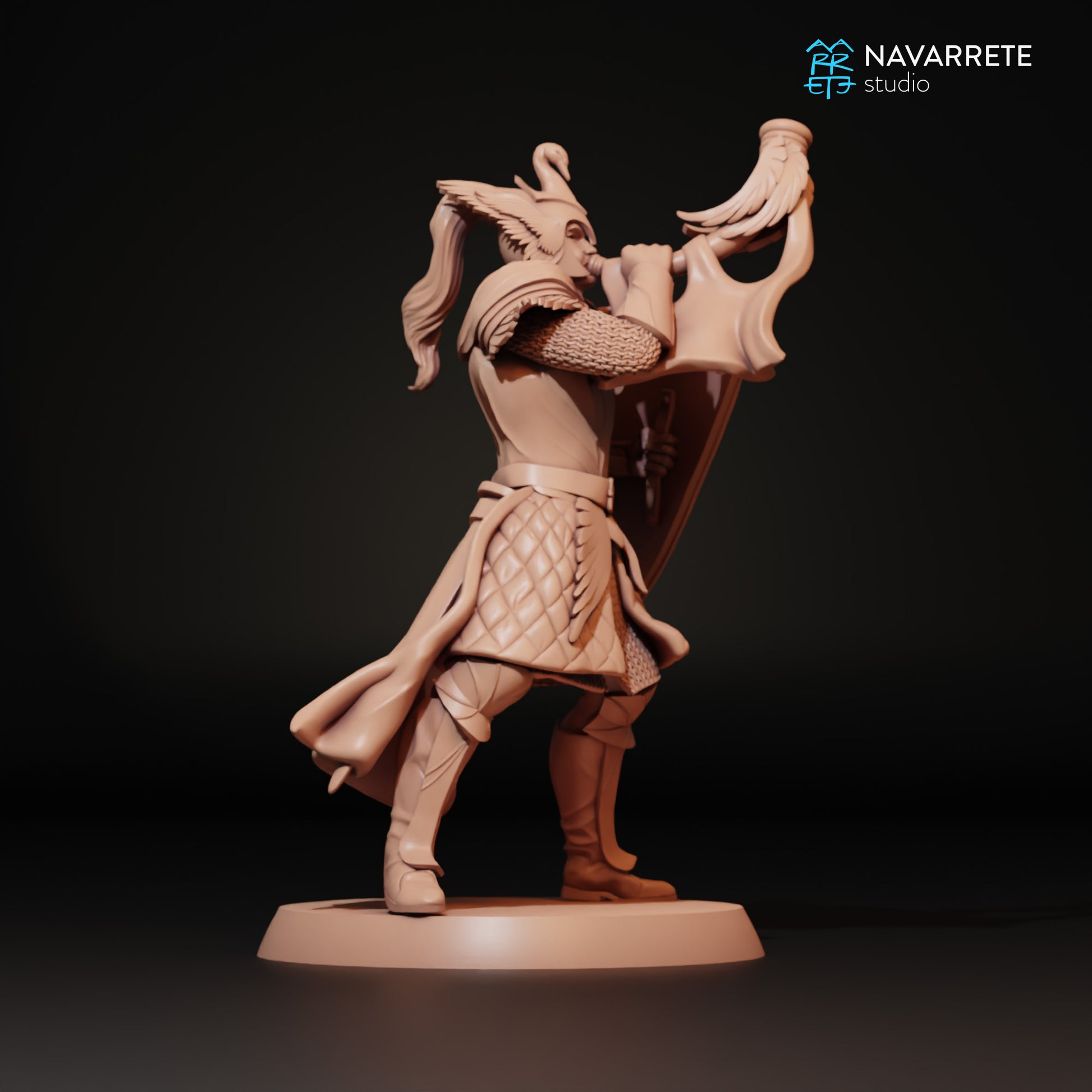 Golden Swan Army Soldier miniature with war horn from Tattles Told 3D, detailed tabletop gaming figure by Navarrete Studio.