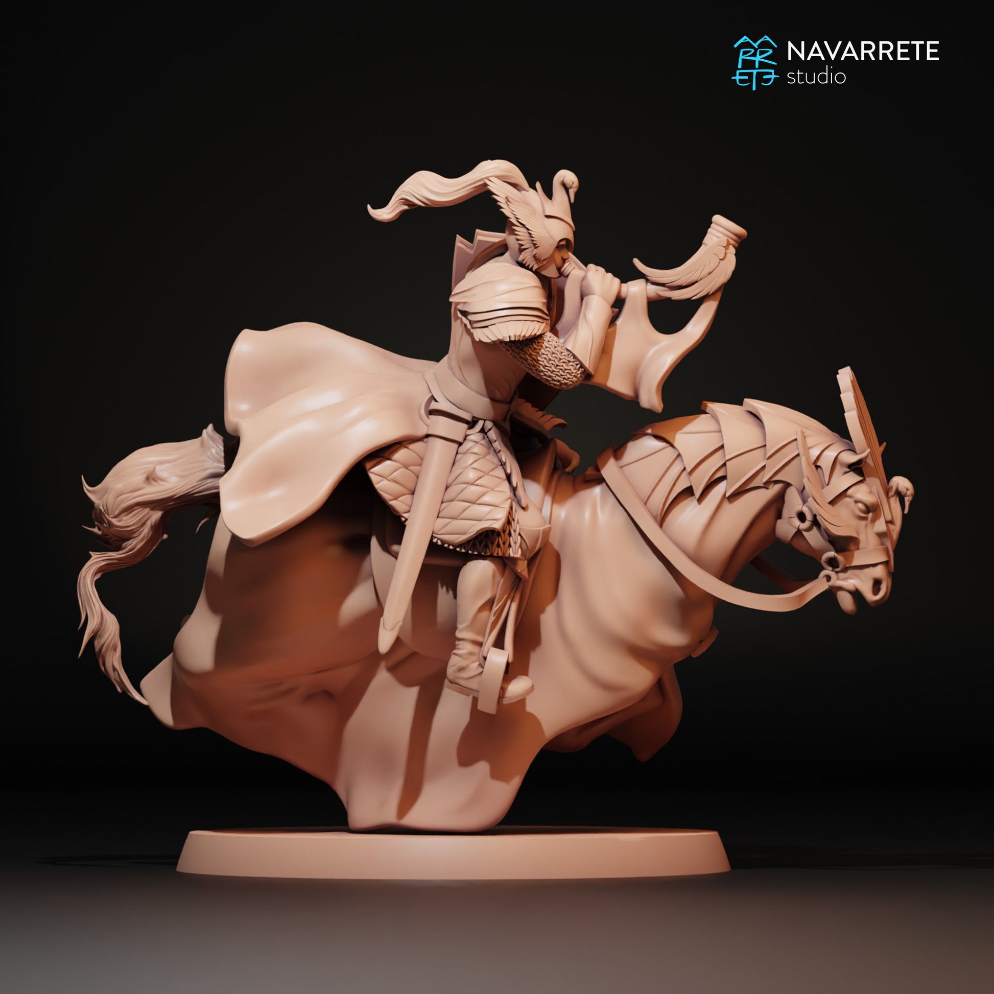 Golden swan army soldier miniature with war horn, detailed tabletop gaming figure by Tattles Told 3D, from Navarrete Studio.