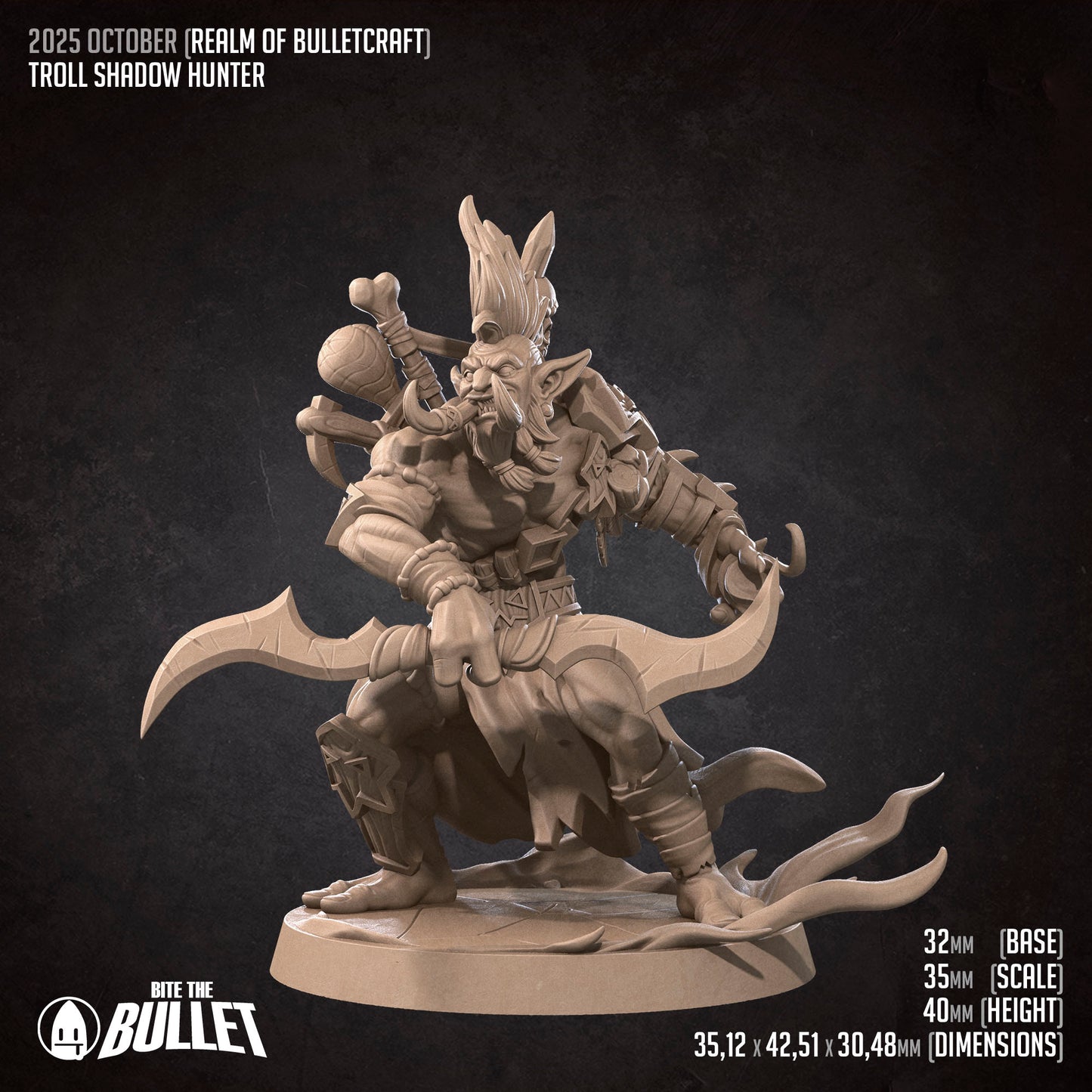 Realm of Bulletcraft, Troll Shadow Hunter | D&D Pathfinder TTRPG Miniature | Bite the Bullet
