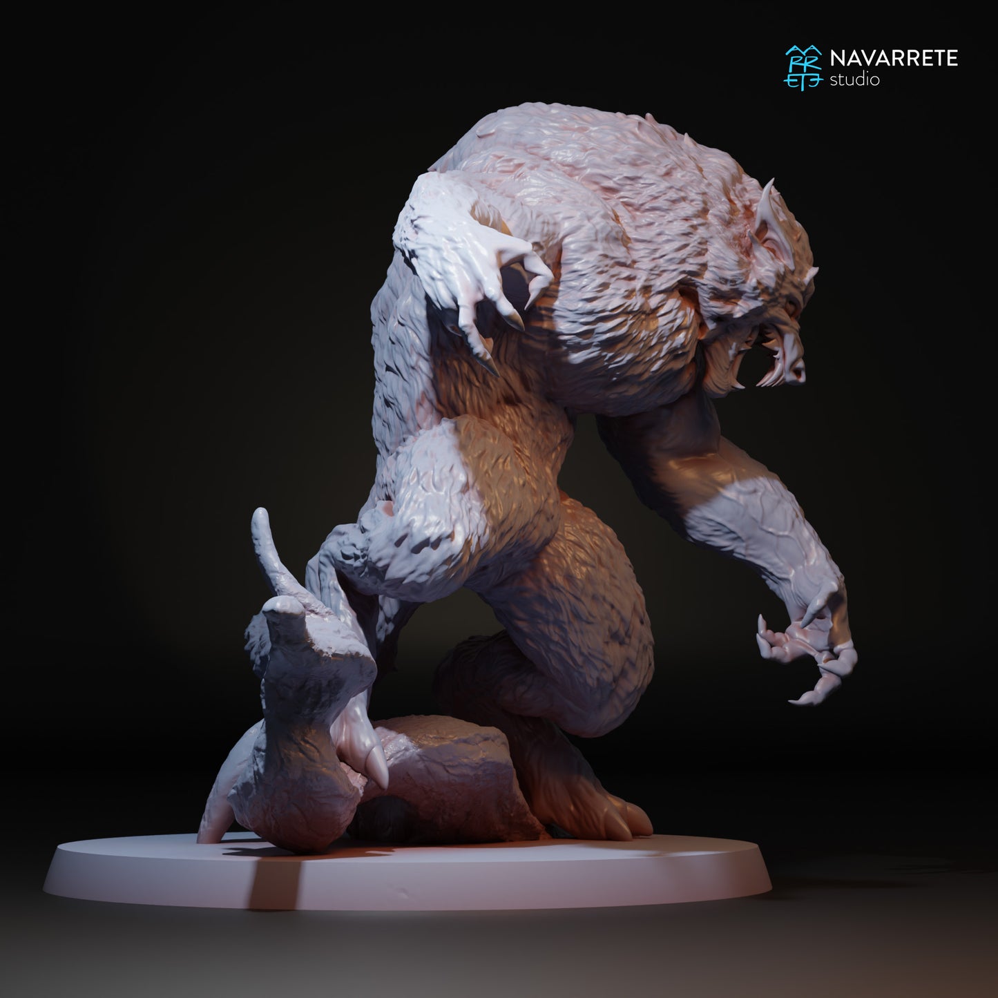 Detailed Tattles Told 3D werewolf miniature for tabletop gaming by Navarrete Studio, showing a fierce, snarling beast with detailed fur.