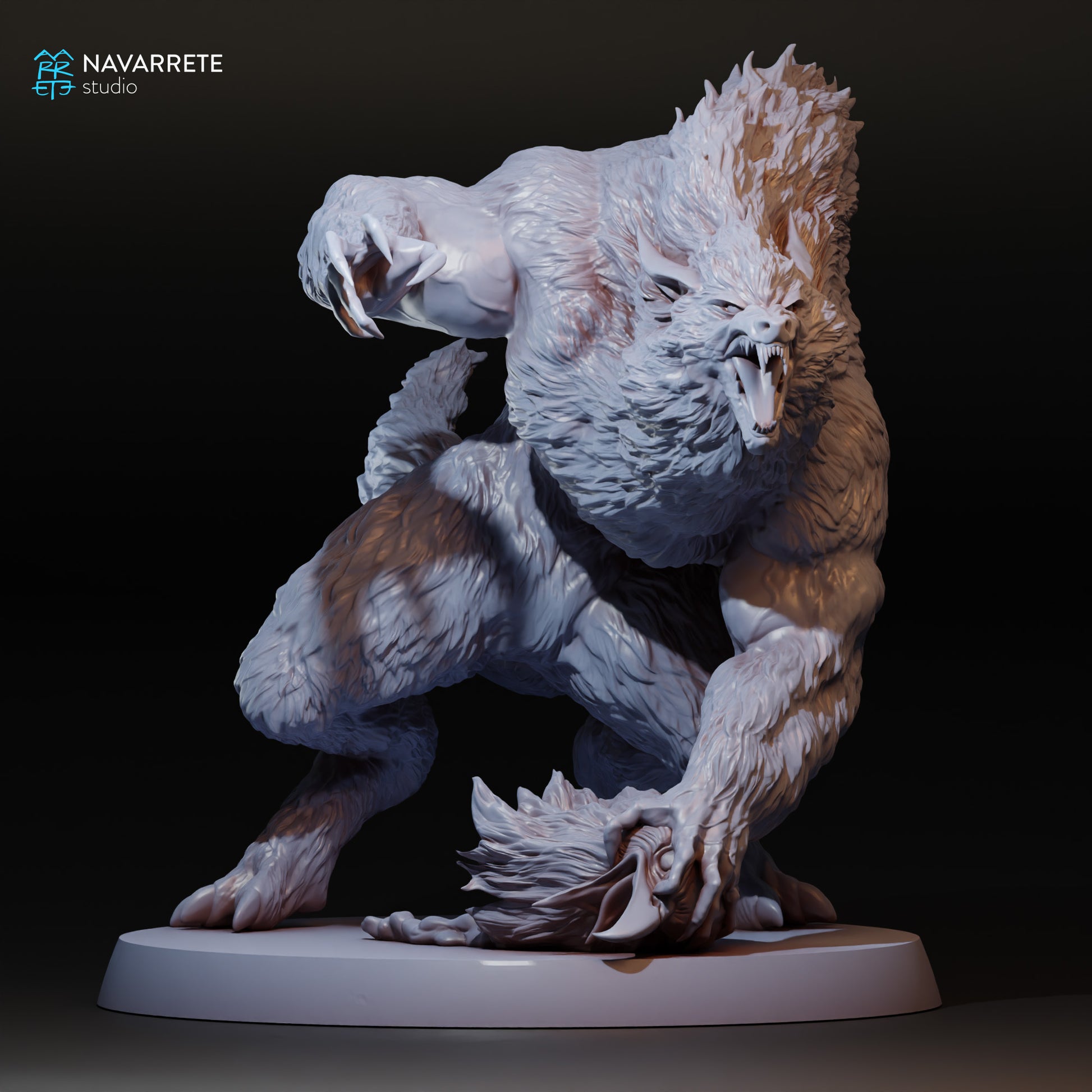 Detailed Tattles Told 3D werewolves tabletop gaming miniature by Navarrete Studio, featuring a fierce, realistic werewolf figure.
