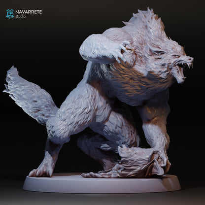 Detailed image of a Tattles Told 3D Werewolves tabletop gaming miniature by Navarrete Studio, depicting a fierce werewolf figure.