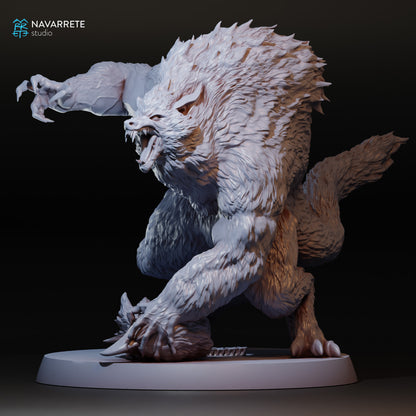 Detailed Tattles Told 3D werewolf tabletop gaming miniature by Navarrete Studio, featuring a fierce wolf figure with textured fur.