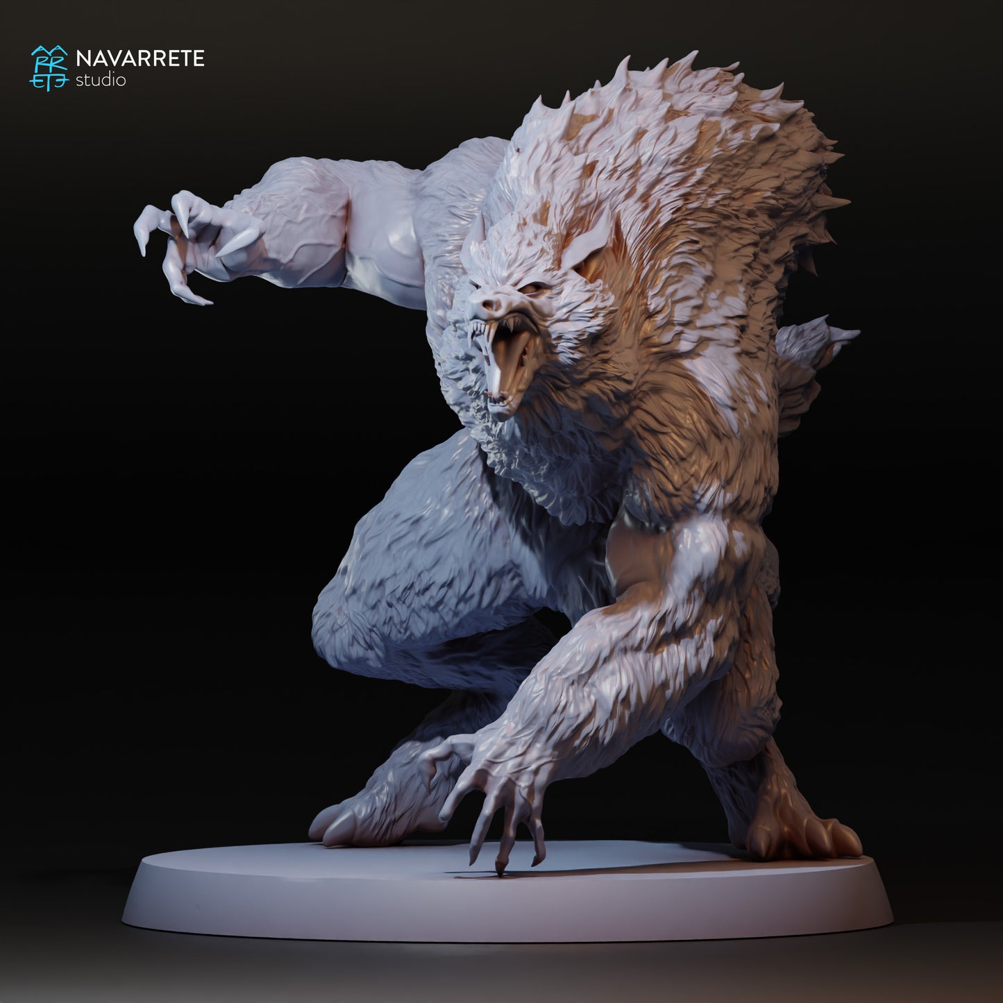 Detailed miniature of a werewolf figure from Navarrete Studio's Tattles Told 3D tabletop gaming set, shown from the side.
