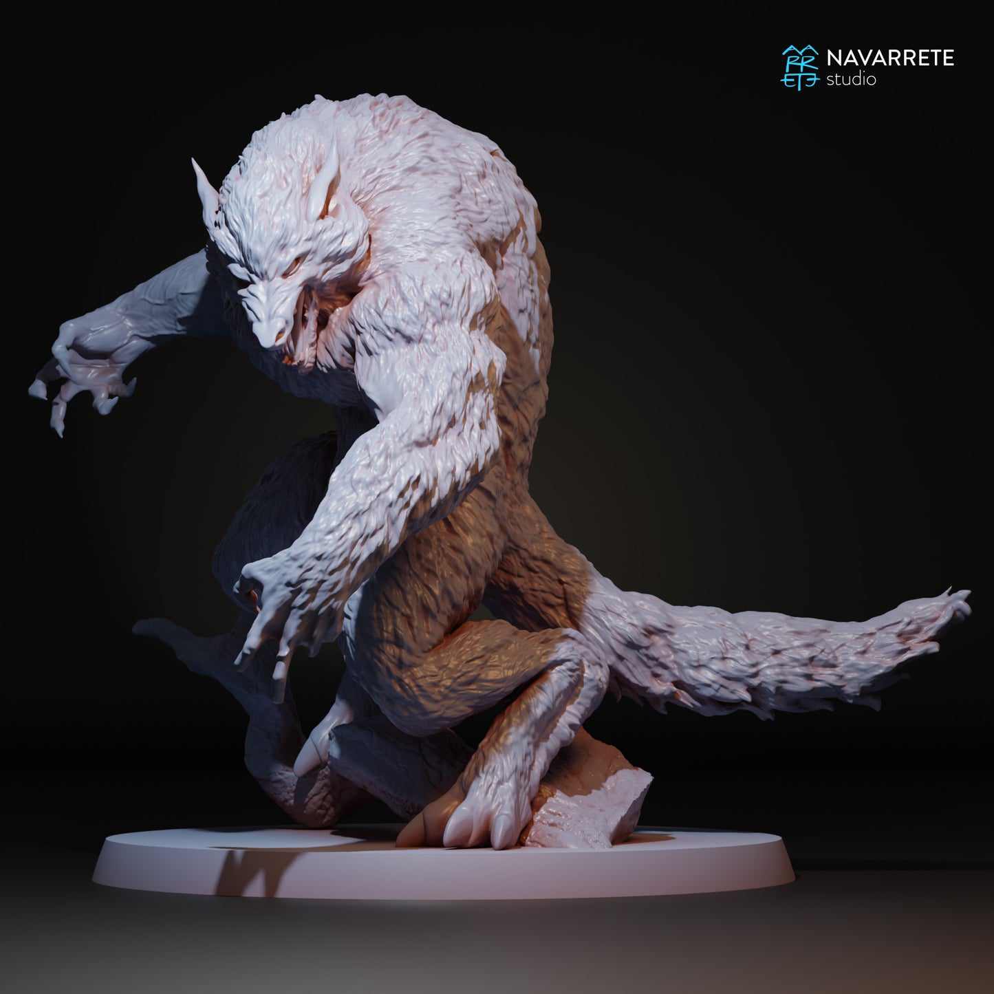 Detailed image of a werewolf miniature from Tattles Told 3D for tabletop gaming, featuring fierce wolf features and dynamic pose.