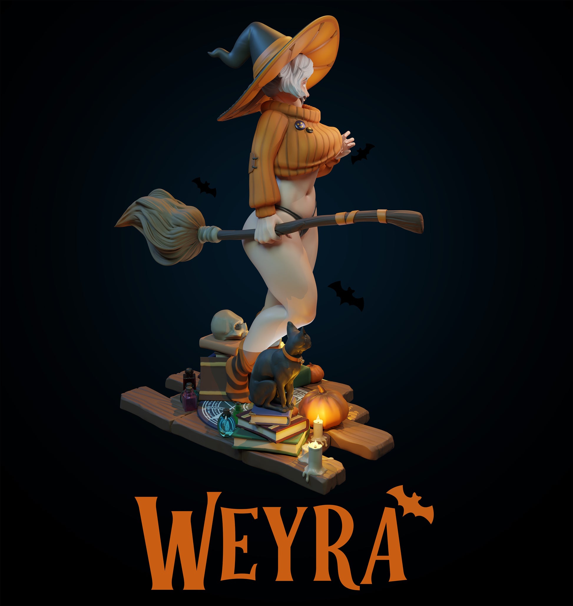 Halloween-themed figurine with a witch holding a broomstick, pumpkins, and books.
