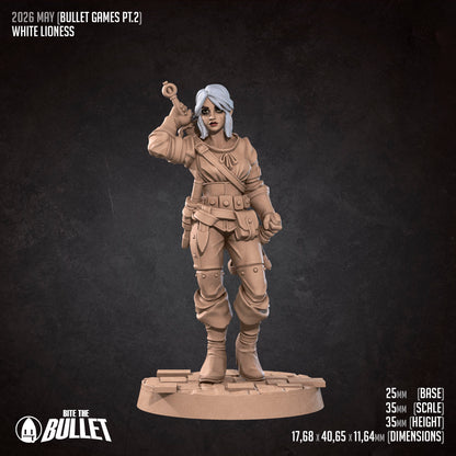 White Lioness D&D miniature by Tattles Told 3D, detailed white lioness figure for tabletop role-playing games.