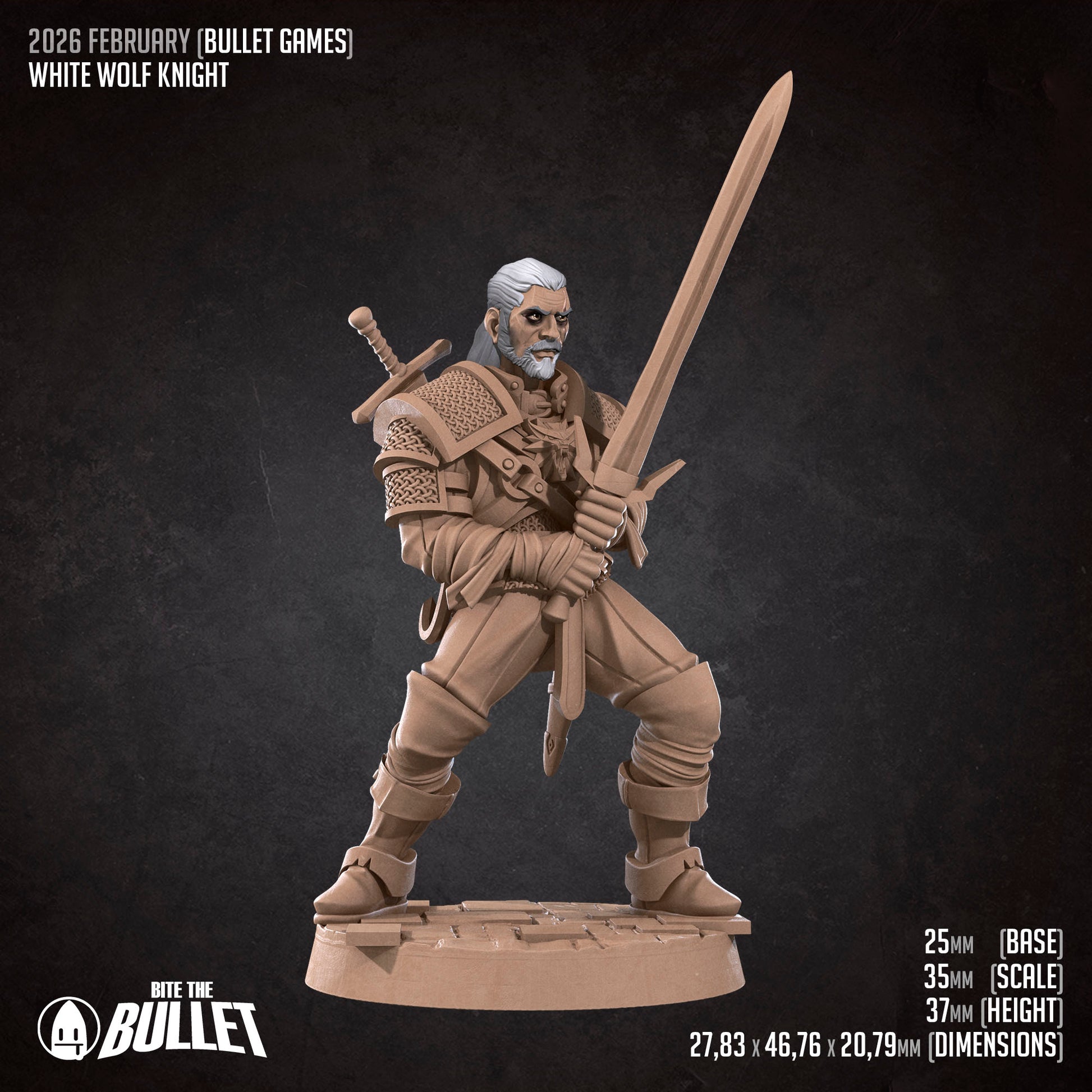 White Wolf Knight miniature from Tattles Told 3D, featuring a detailed white wolf-themed knight figure for D&D and tabletop RPGs.
