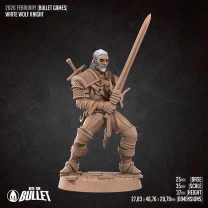 White Wolf Knight miniature from Tattles Told 3D, featuring a detailed white wolf-themed knight figure for D&D and tabletop RPGs.