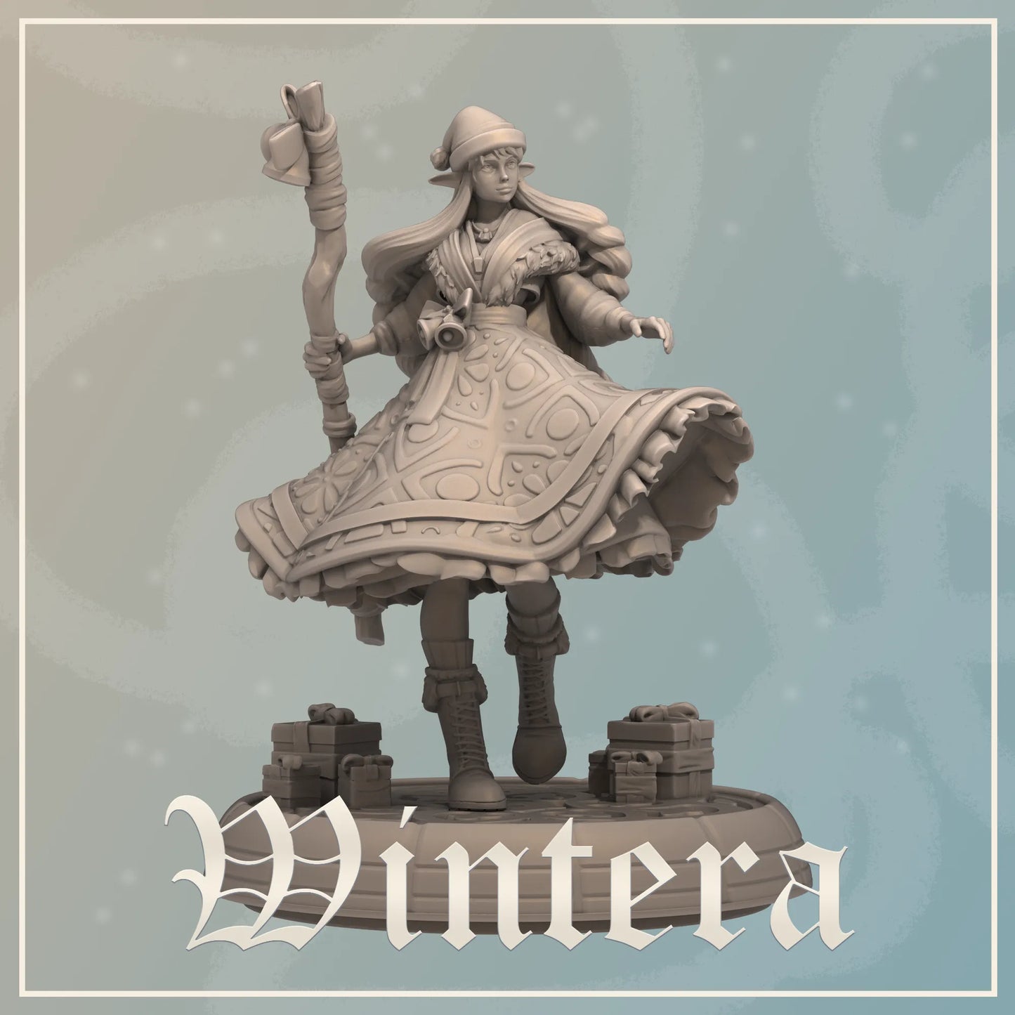 D&D fantasy miniature of Wintera, a tabletop display figure by Tattles Told 3D, featuring detailed medieval attire and fantasy design.