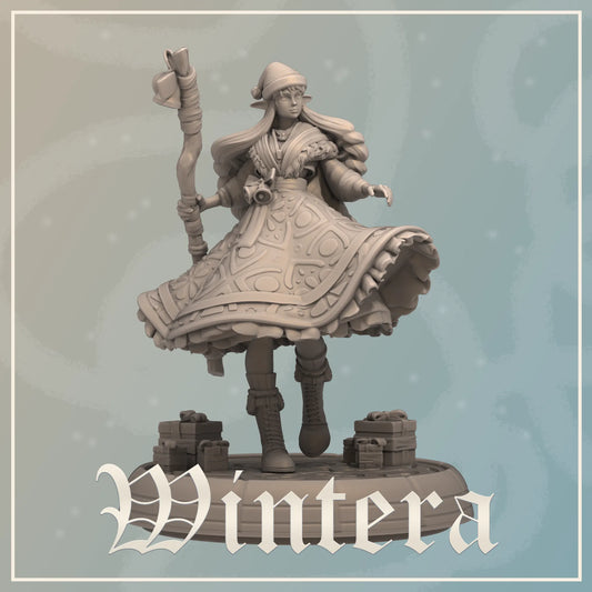 D&D fantasy miniature of Wintera, a tabletop display figure by Tattles Told 3D, featuring detailed medieval attire and fantasy design.
