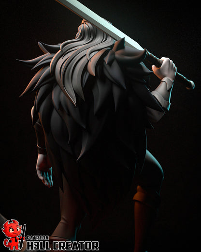 Resin garage kit figure of Stormborn Barbarian by Tattles Told 3D, showcasing detailed sculpting and dynamic warrior pose.