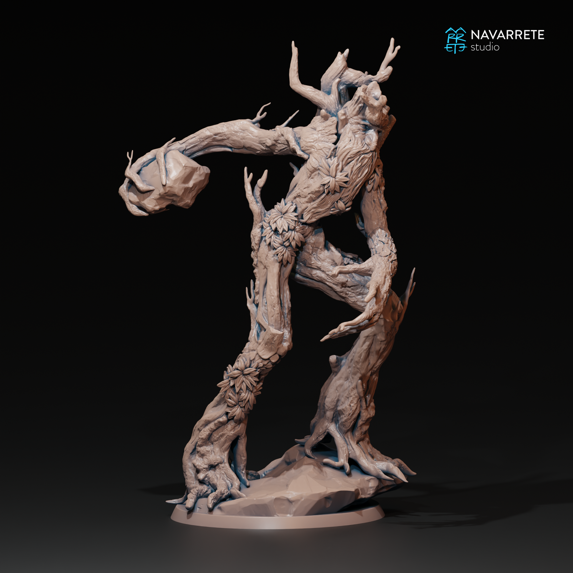 Detailed image of a Treefolk Ent miniature from Navarrete Studio by Tattles Told 3D, featuring a moss-covered, ancient forest guardian.