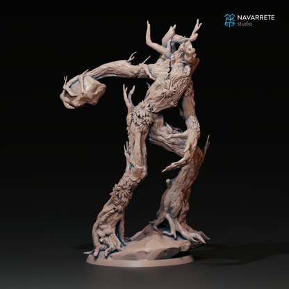 Detailed image of a Treefolk Ent miniature from Navarrete Studio by Tattles Told 3D, featuring a moss-covered, ancient forest guardian.