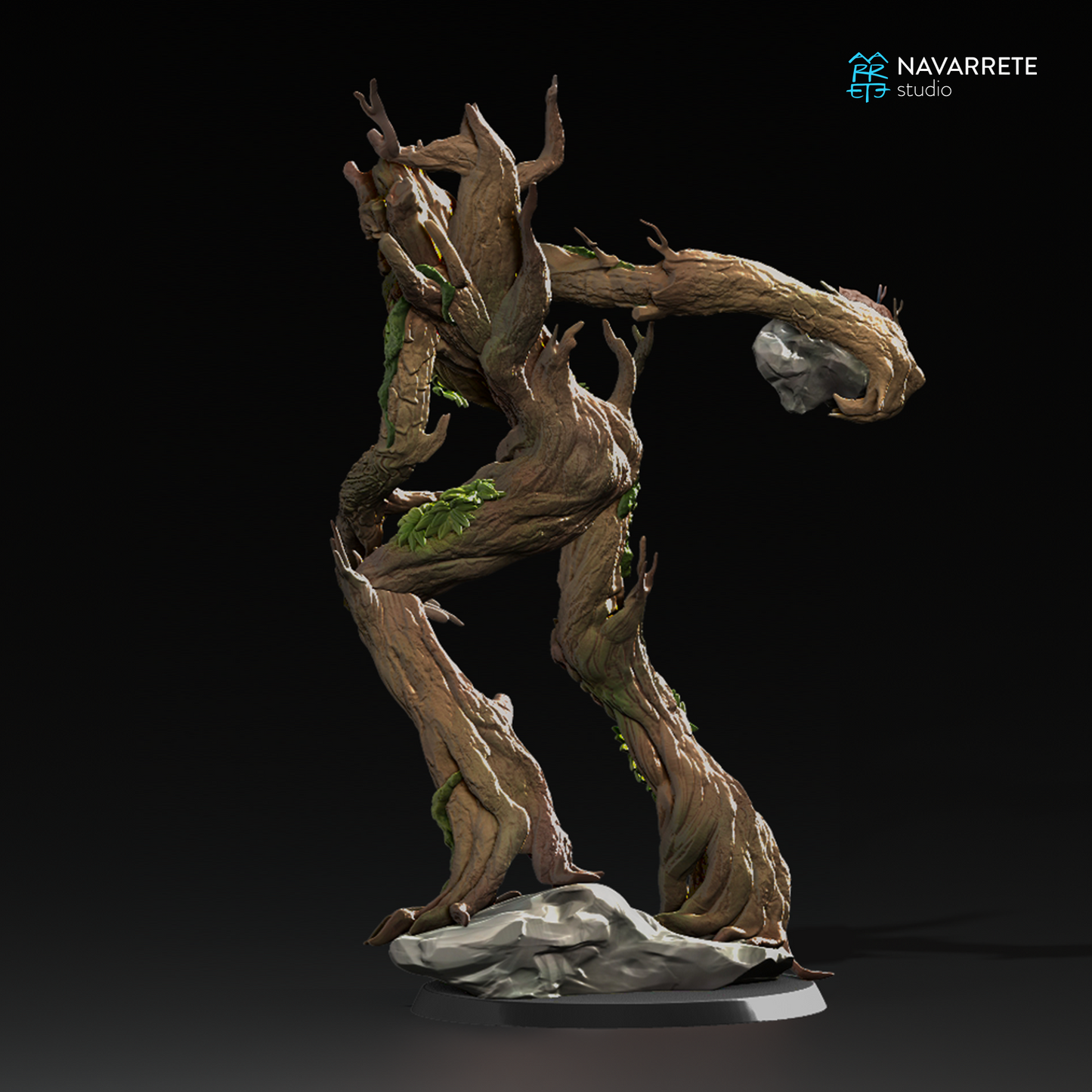 Miniature of a Treefolk Ent from Navarrete Studio's tabletop gaming series, featuring detailed wooden textures and mossy accents.