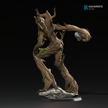 Miniature of a Treefolk Ent from Navarrete Studio's tabletop gaming series, featuring detailed wooden textures and mossy accents.