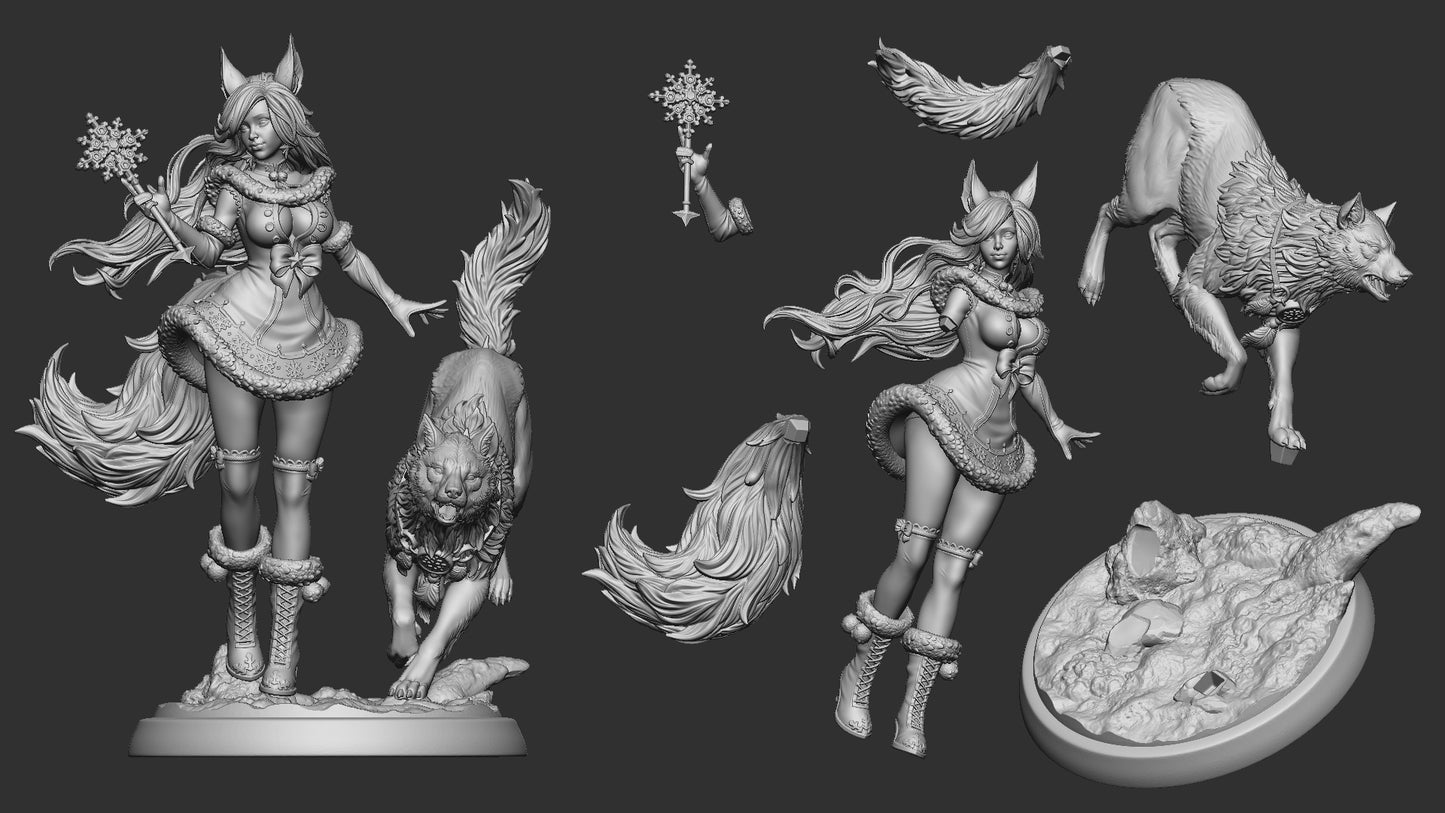 Zarya Snezhnaya, Winter Girl & Wolf | Gaming and Display Scale Miniature | White Werewolf Tavern