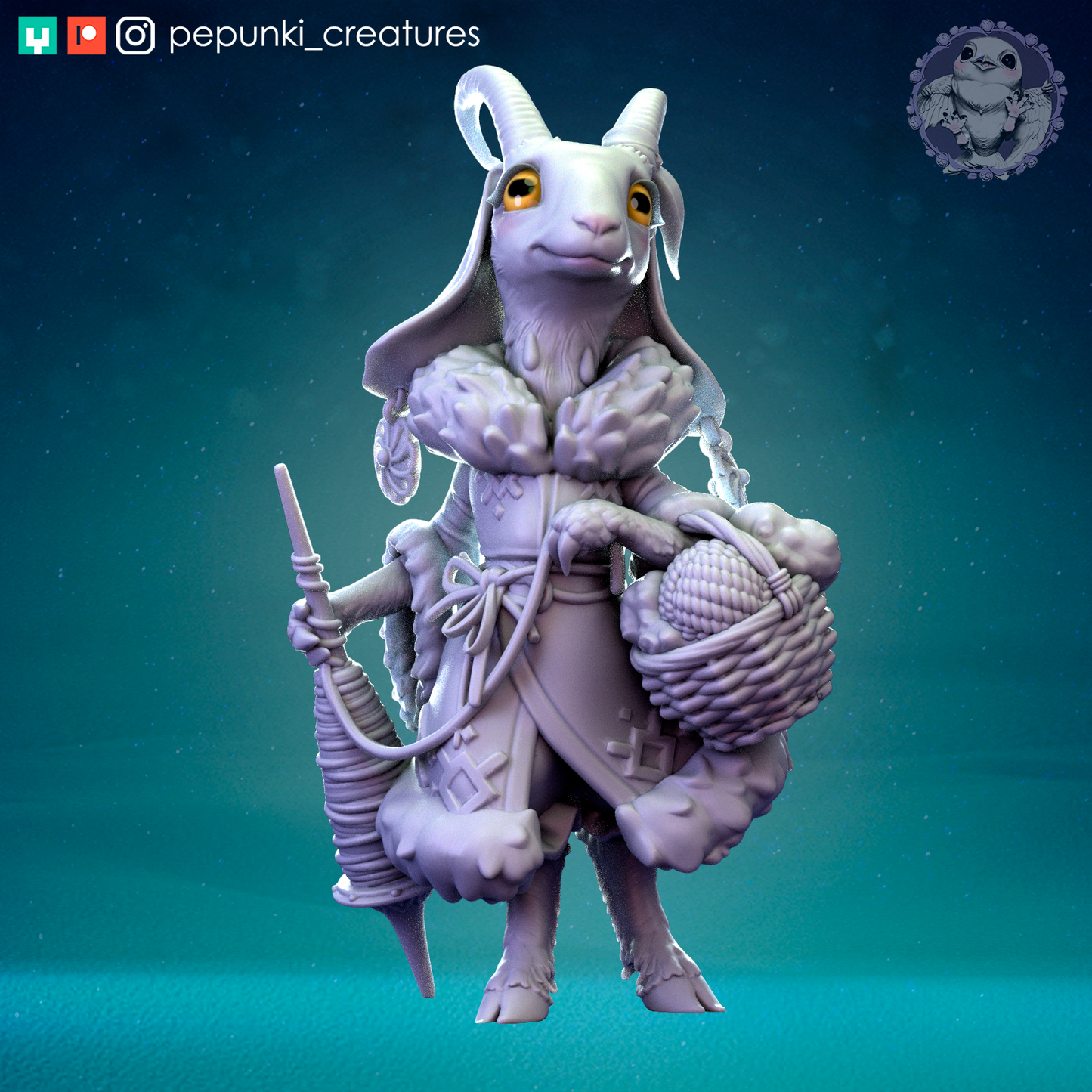 Detailed image of Goat Lady miniature by Tattles Told 3D, a tabletop display scale miniature from D&D Humblewood TTRPG series.
