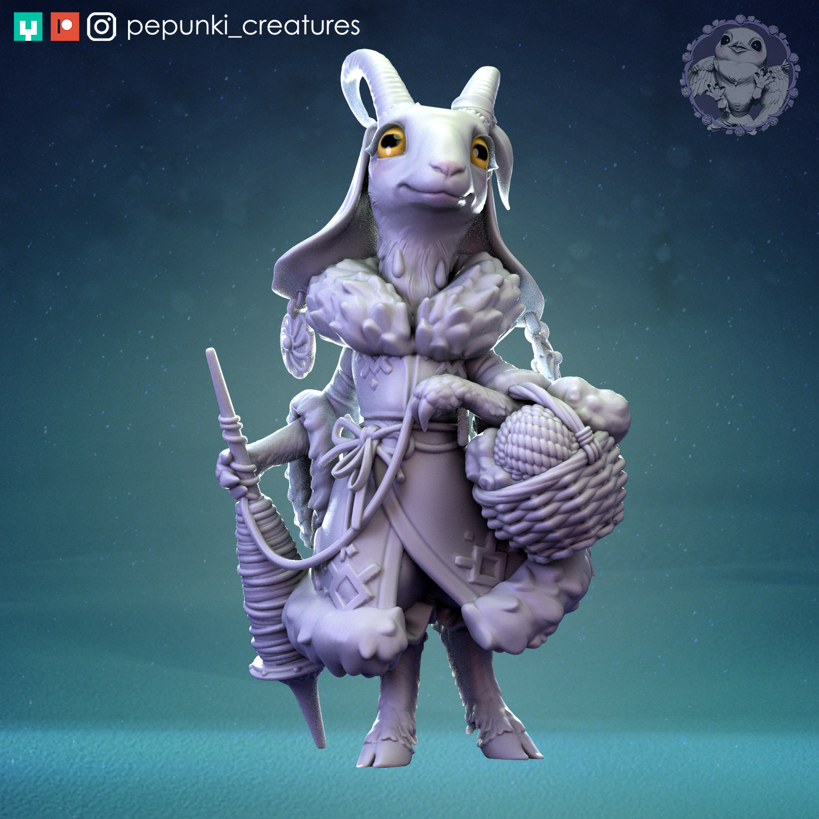 Detailed image of Goat Lady miniature by Tattles Told 3D, a tabletop display scale miniature from D&D Humblewood TTRPG series.