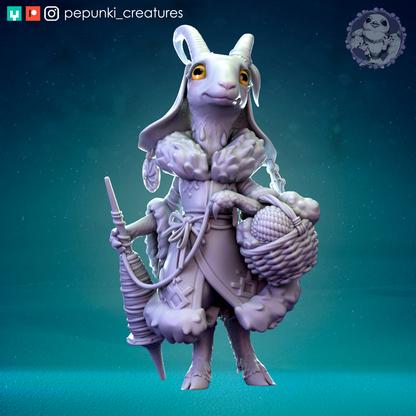Detailed image of Goat Lady miniature by Tattles Told 3D, a tabletop display scale miniature from D&D Humblewood TTRPG series.