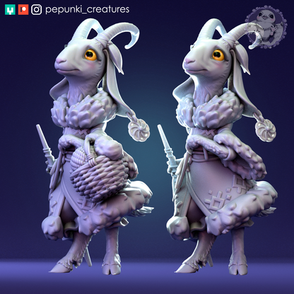 Goat Lady tabletop miniature from Tattles Told 3D, displayed on a flat surface, part of D&D Humblewood TTRPG miniatures collection.