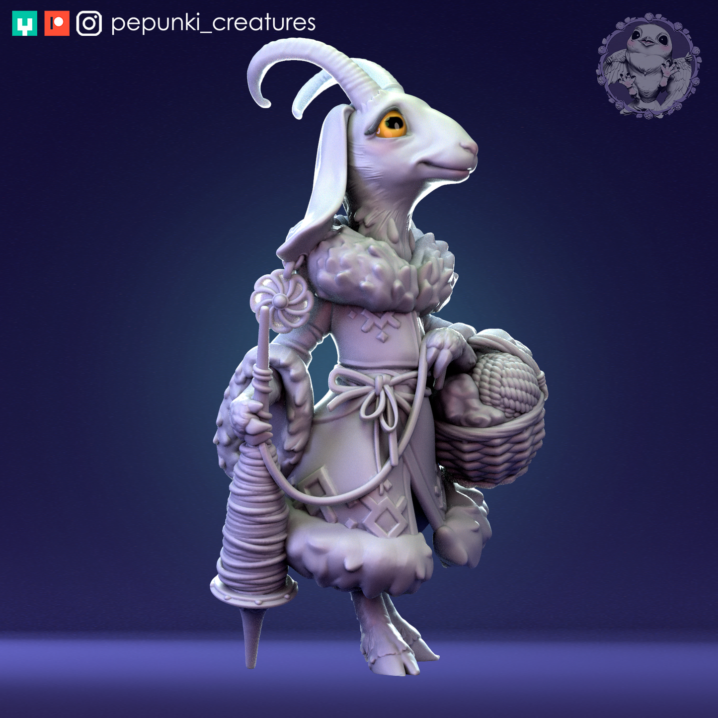 D&D Humblewood Goat Lady tabletop miniature by Tattles Told 3D, showing a detailed goat creature with display stand.