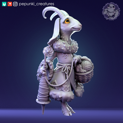 D&D Humblewood Goat Lady tabletop miniature by Tattles Told 3D, showing a detailed goat creature with display stand.