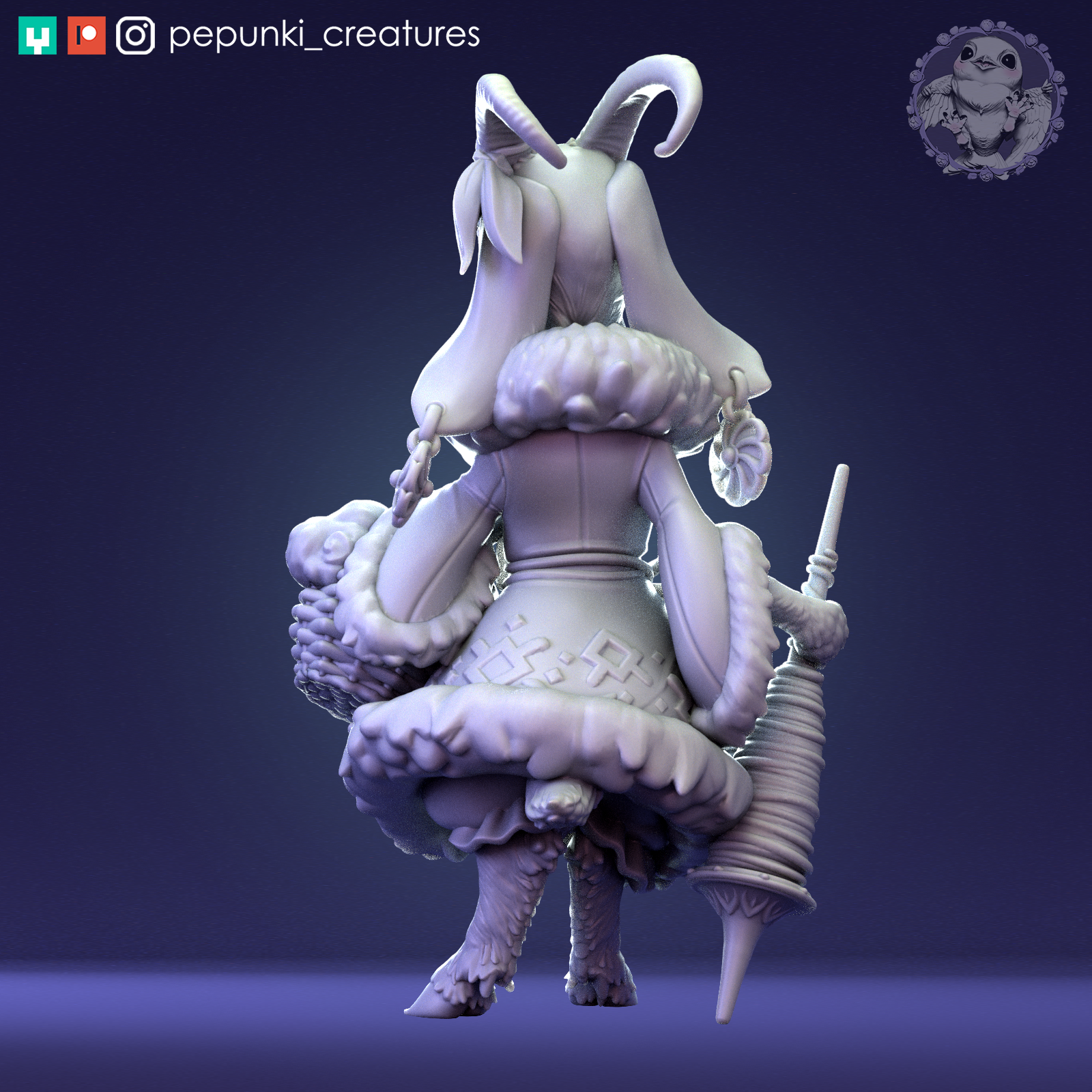 Detailed image of Goat Lady miniature by Tattles Told 3D, a tabletop D&D Humblewood creature for display or gaming.