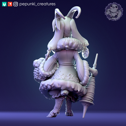 Detailed image of Goat Lady miniature by Tattles Told 3D, a tabletop D&D Humblewood creature for display or gaming.