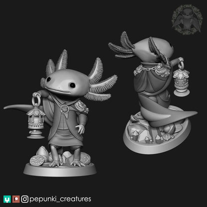 Axolotl and Lamp | Tabletop or Display Scale | D&D Humblewood TTRPG Miniature | Pepunki Creatures