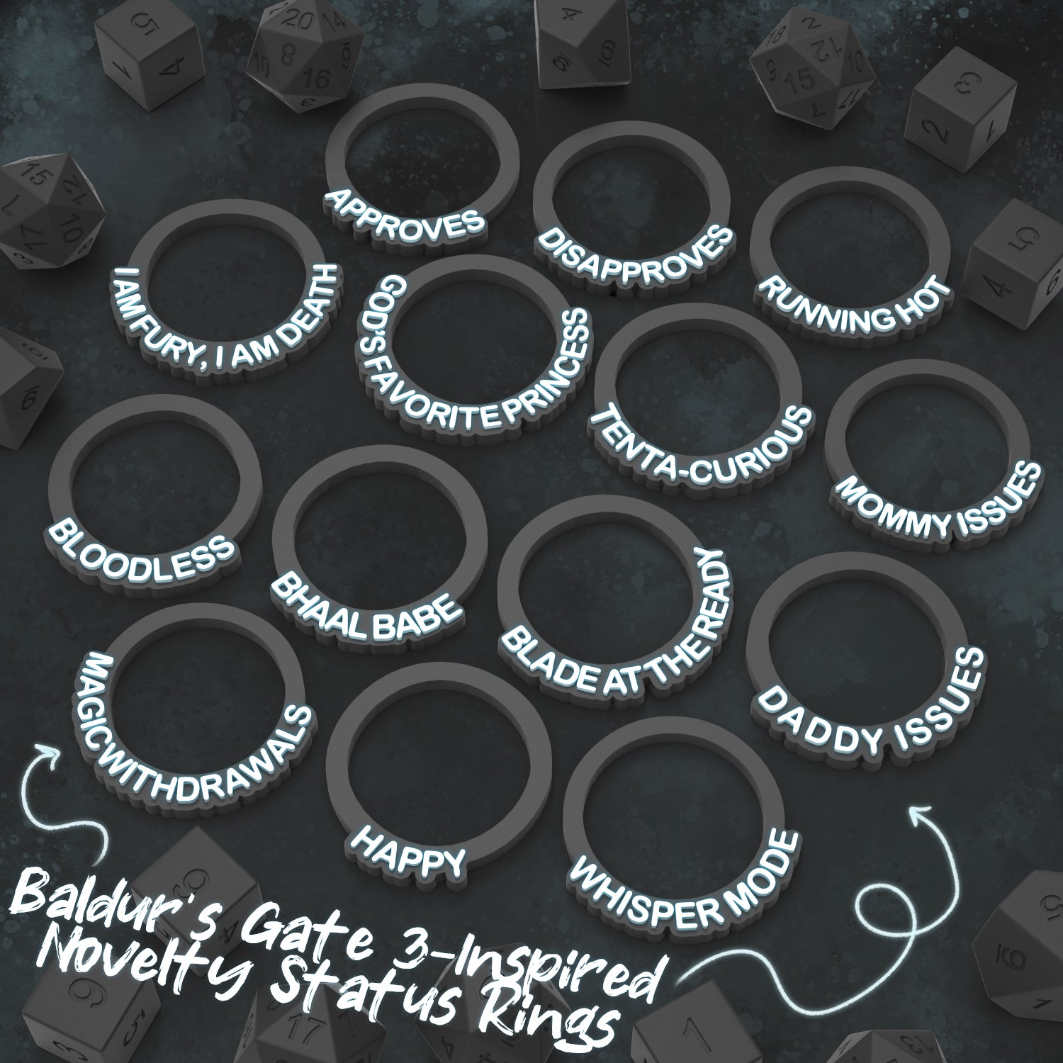 14 Baldur's Gate Inspired Novelty Status Rings | D&D TTRPG Game Accessory | Found Family Adventurecrafts
