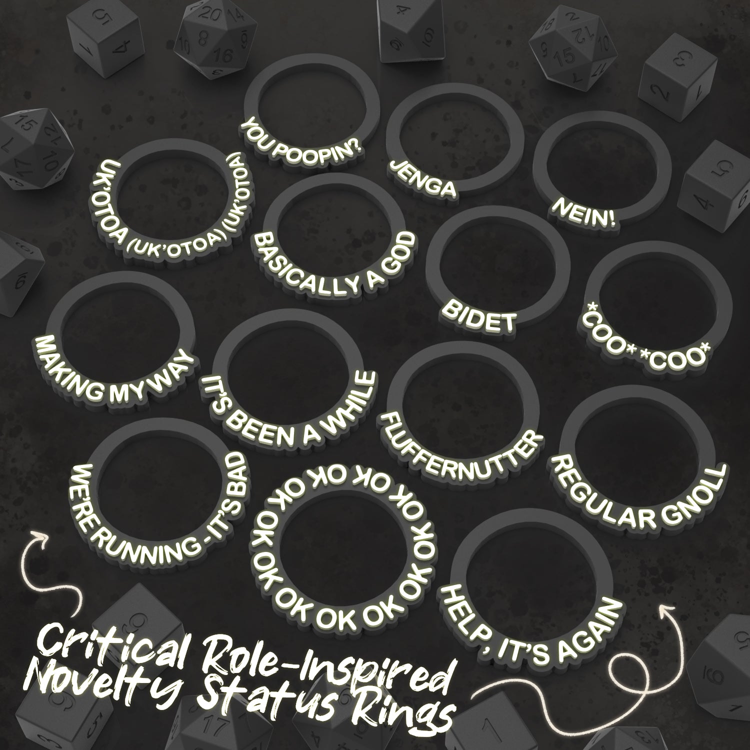 14 Critical Role Inspired Novelty Status Rings | D&D TTRPG Game Accessory | Found Family Adventurecrafts