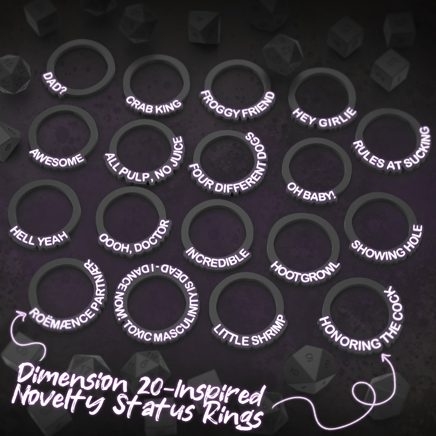 18 Dimension 20 Inspired Novelty Status Rings | D&D TTRPG Game Accessory | Found Family Adventurecrafts