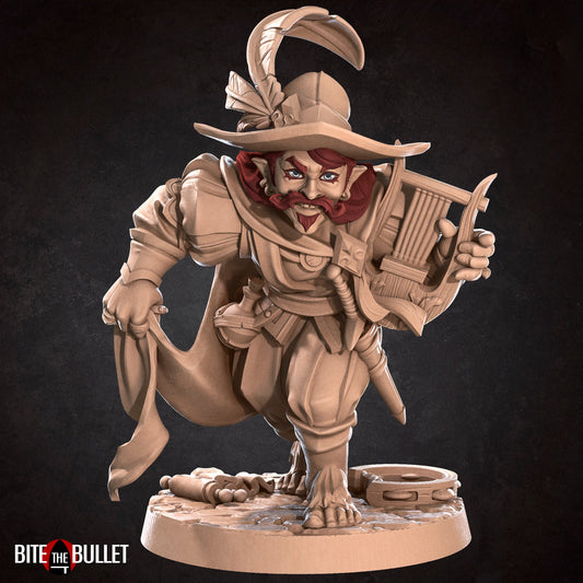 Halfling Bard, Lyre | TABLETOP SCALE | D&D TTRPG Miniature | Bite the Bullet | Unpainted, Unplated Resin 8k