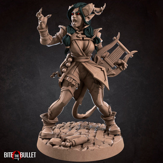 Tiefling Bard, Female | TABLETOP SCALE | D&D TTRPG Miniature | Bite the Bullet | Unpainted, Unplated Resin 8k