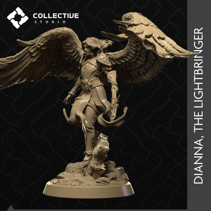 Miniature figure of Dianna, the Lightbringer Angel Aasimar Paladin from Tattles Told 3D, tabletop gaming collectible display piece